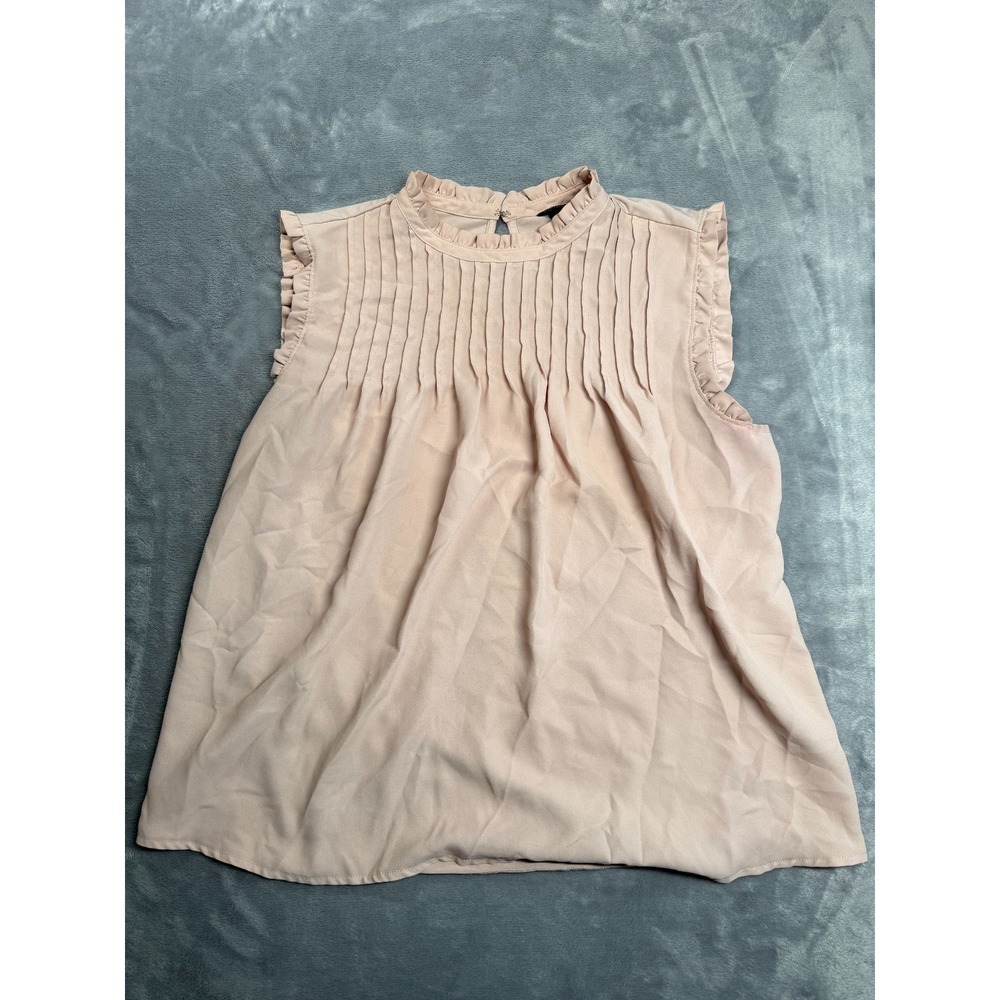 Ann Taylor Blouse Womens Medium Pink Pleated Ruffle Mock Neck Keyhole Back